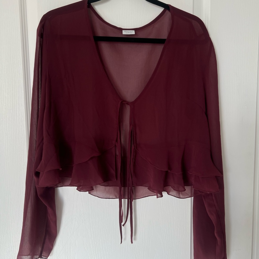 Aritzia Sunday Best Sheer Elegant Burgundy Chiffon tie front Blouse